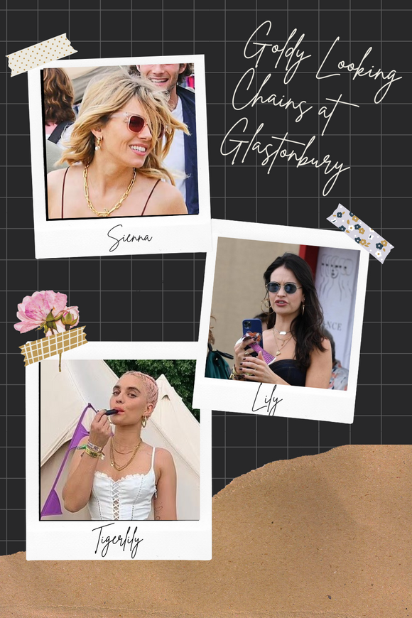 collage of sienna miller lily james and tigerlily taylor at Glastonbury 2022
