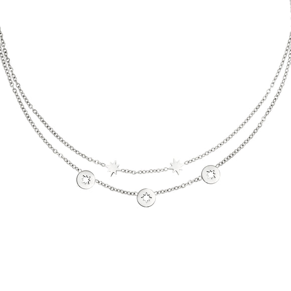 Silver Stainless Steel Double Layered Chain Necklace With Star Charms