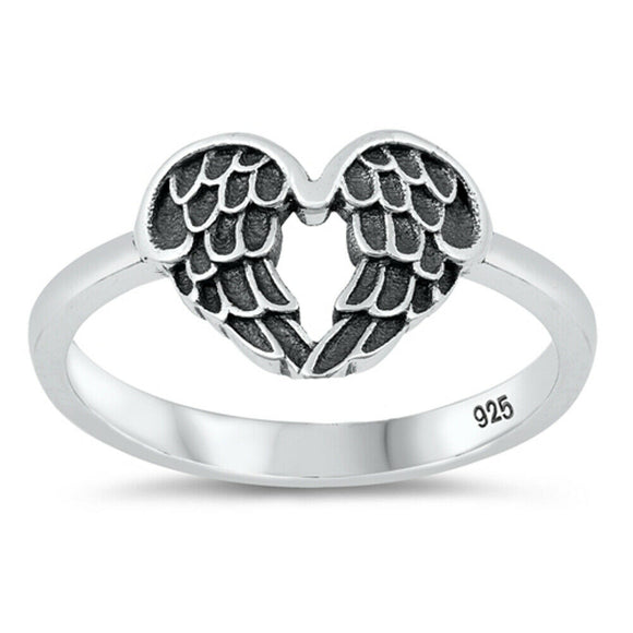 Oxidised 925 Sterling Silver Angel Wing Love Heart Ring