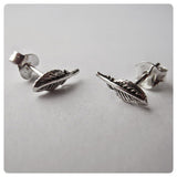 Petite Oxidised Sterling Silver Feather Stud Earrings 4 x 7 mm