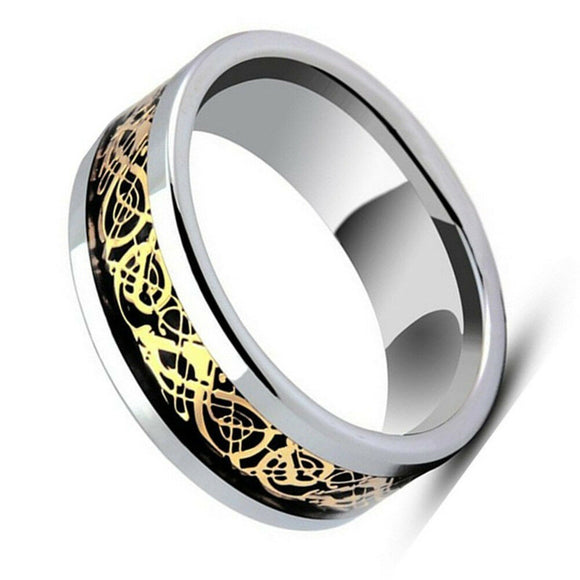 Tungsten Carbide Black & Gold Celtic Dragon Knot Inlay Wedding Band Ring 8 mm