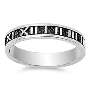Oxidised Sterling Silver Atlas Roman Numeral Band Ring 4 mm