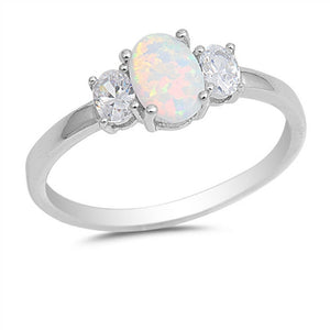 Sterling Silver White Opal Trilogy Ring with Cubic Zirconia Accents