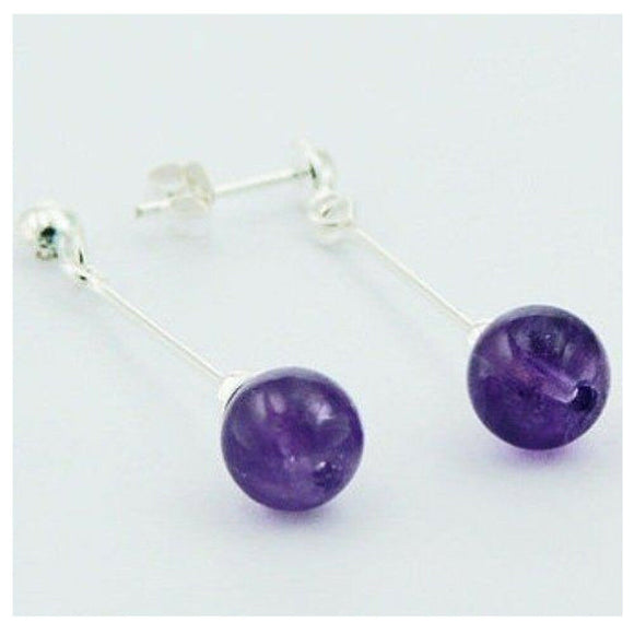 Sterling Silver Drop Stud Earrings with 8 mm Purple Amethyst Gemstone Beads