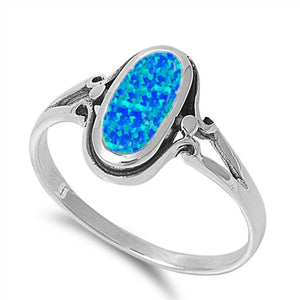 Vintage Style Sterling Silver & Oval Blue Lab Created Opal Ring