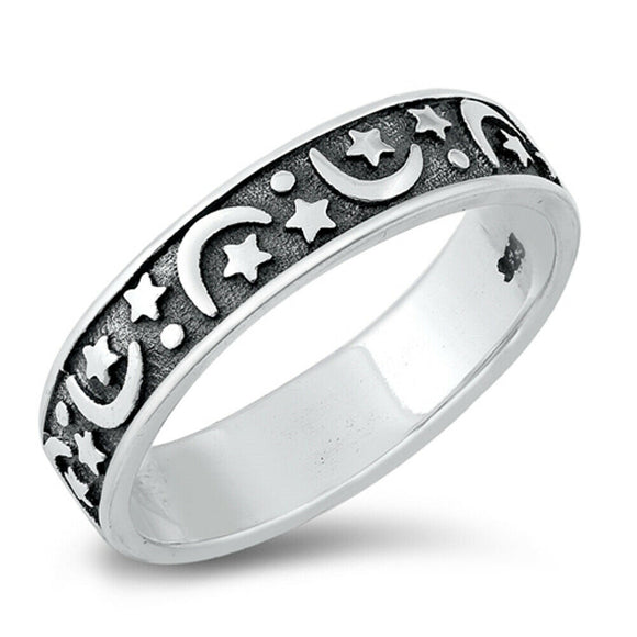 Oxidised Sterling Silver Moon & Stars Band Ring 4.5 mm