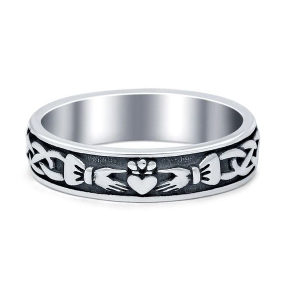 Celtic Style Sterling Silver Claddagh Band Ring 5 mm Wide
